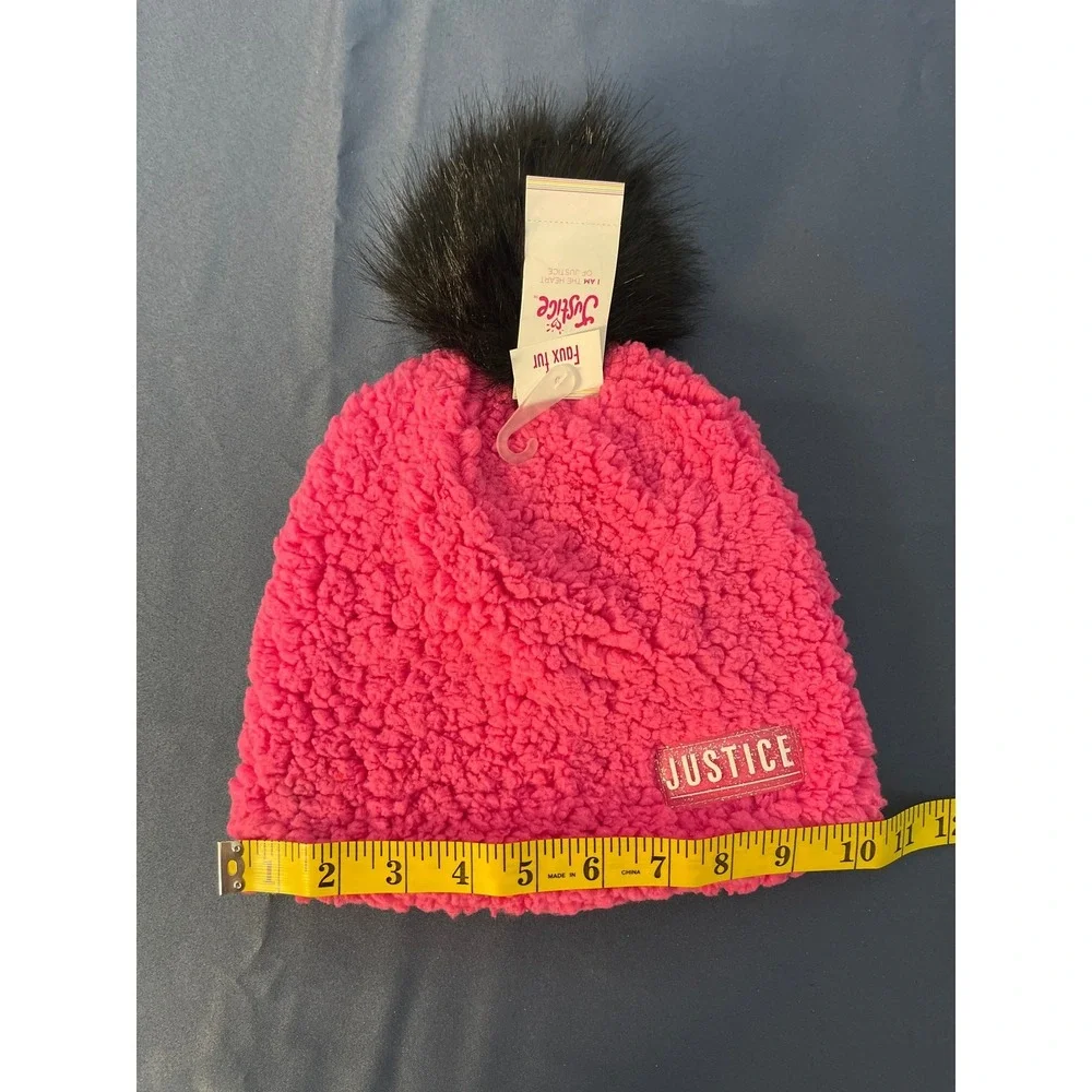 Justice Girls Hot Pink Sherpa Beanie Hat Black Faux Fur Pom Pom One Size NWT‎